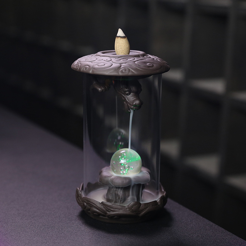 Purple Sand Backflow Incense Burner Dragon Spit Bead Glass Windproof Led Lamp Incense Burner Zen Sandalwood Home Handicraft Ornaments - Image 3